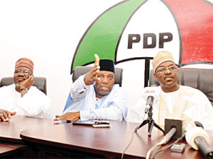 A Peoples’ Democratic Party (PDP) chieftain in Jigawa State, Ibrahim Sheu Brima (left), former Senior Special Adviser to the President on Public Affairs, Dr. Doyin Okupe and another former presidential aide, Alhaji Ahmed Gulak, who declared himself Chairman of the PDP at the party’s secretariat in Abuja