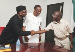 From left: Mr. Segun Awolowo, Capt Hosa Okunbor, Chairman, Wells Sam Carlos Farm and Governor Adams Oshiomhole at the presentation of the Agro business plan